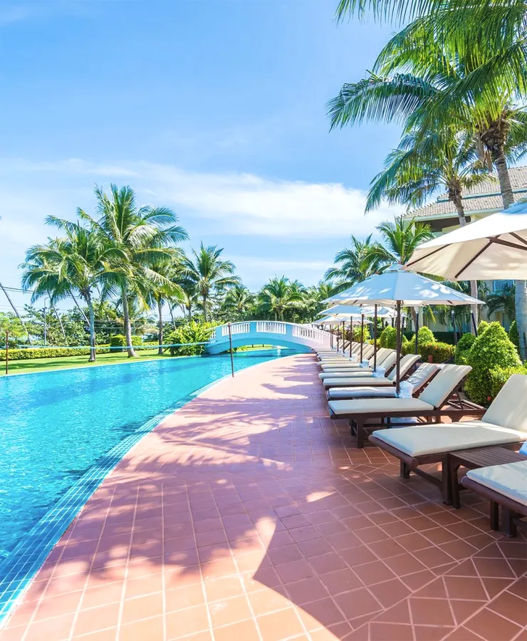 Sun loungers along a long resort pool lined with palms.